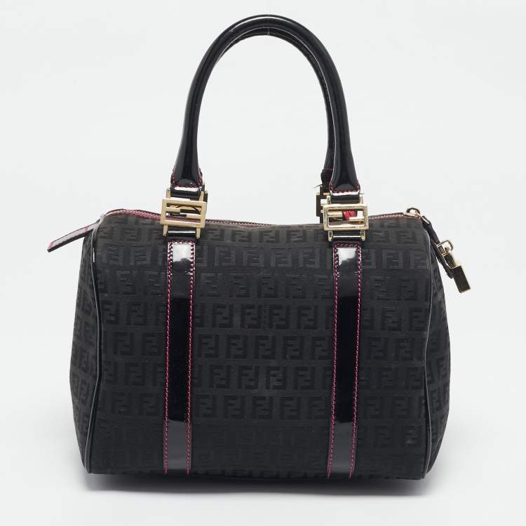 Pre Owned Fendi Black Zucchino Canvas Small Forever Bauletto Boston Bag