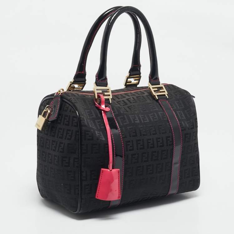 Pre Owned Fendi Black Zucchino Canvas Small Forever Bauletto Boston Bag