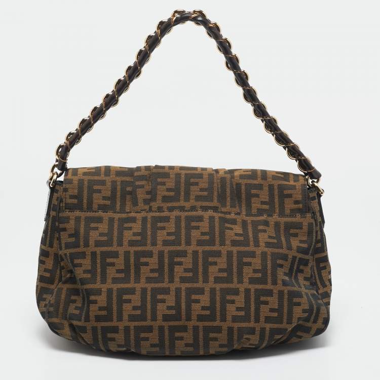 Pre Owned Fendi Tobacco Zucca Canvas and Patent Leather Mia Flap Bag