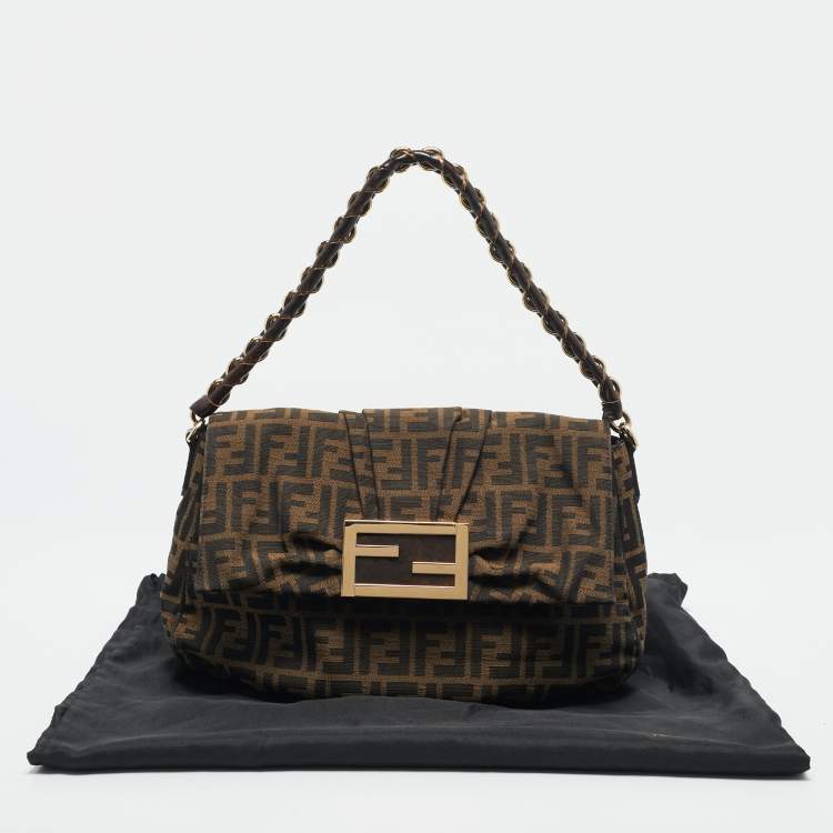 Pre Owned Fendi Tobacco Zucca Canvas and Patent Leather Mia Flap Bag