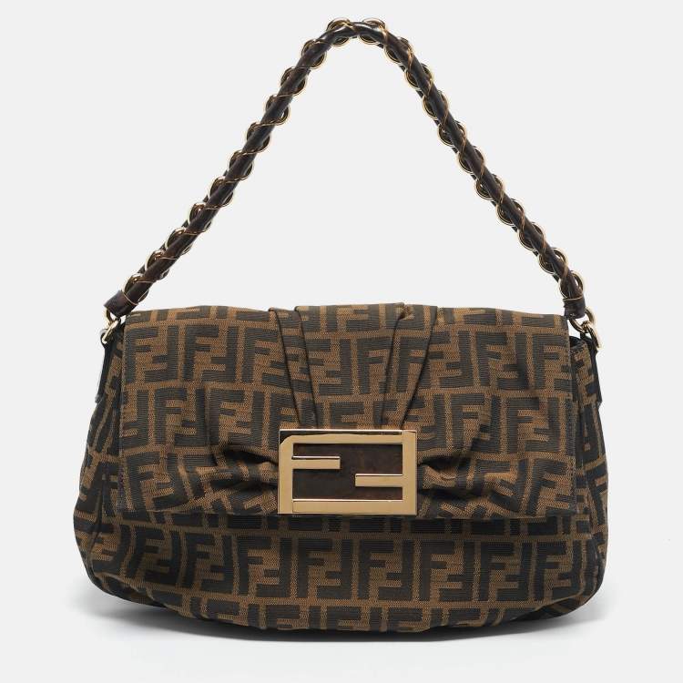 Pre Owned Fendi Tobacco Zucca Canvas and Patent Leather Mia Flap Bag