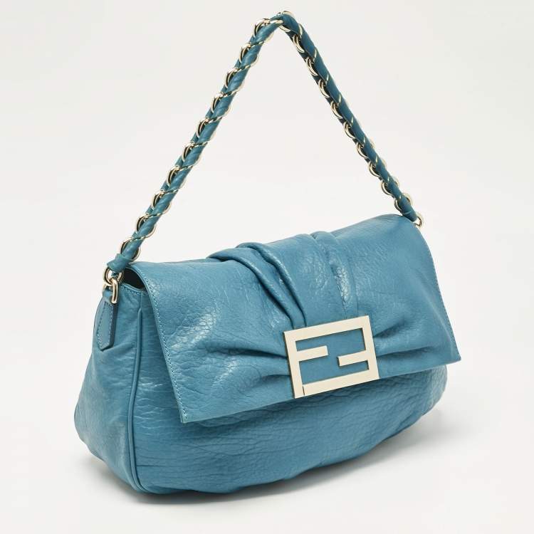 Pre Owned Fendi Teal Blue Leather Mia Flap Shoulder Bag