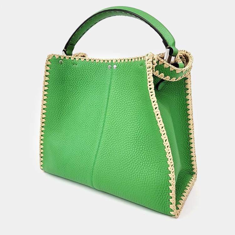 Pre Owned Fendi Green Leather Selleria Tote And Shoulder Bag