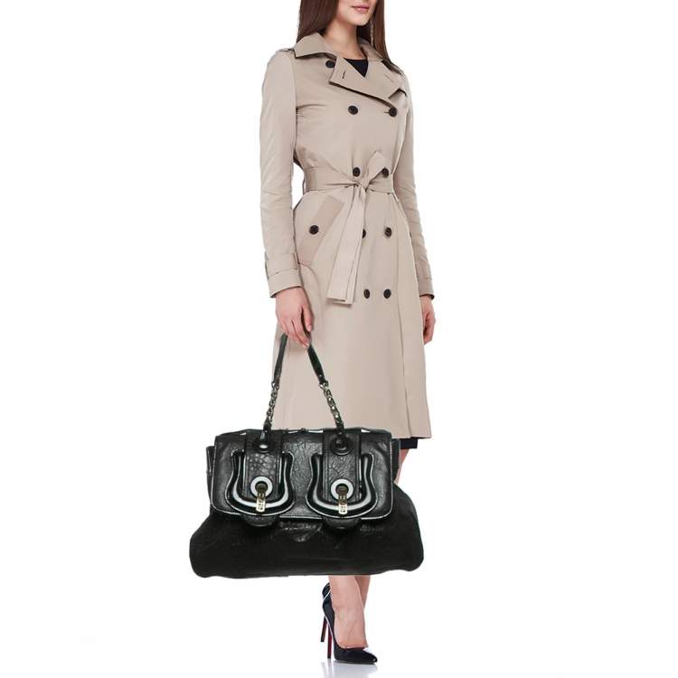 Pre Owned Fendi Black Pebbled Leather and Patent Leather Large B Shoulder Bag
