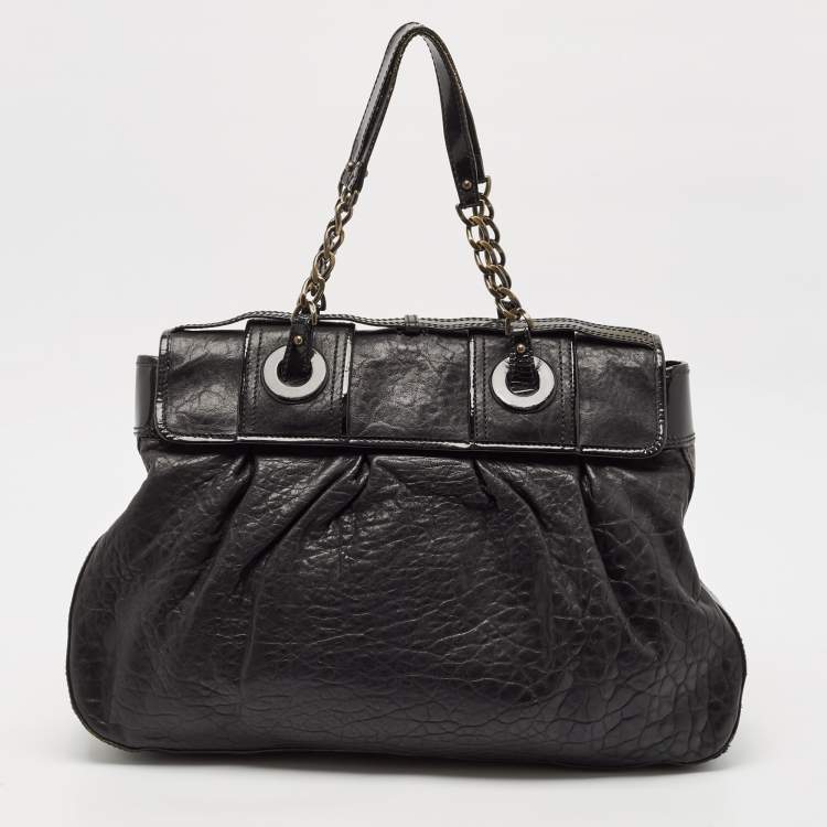 Pre Owned Fendi Black Pebbled Leather and Patent Leather Large B Shoulder Bag