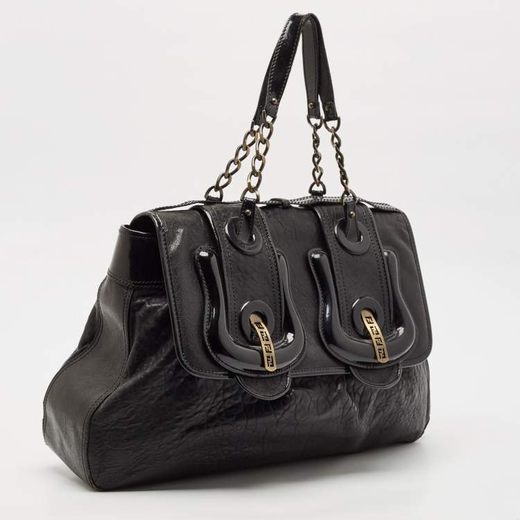 Pre Owned Fendi Black Pebbled Leather and Patent Leather Large B Shoulder Bag