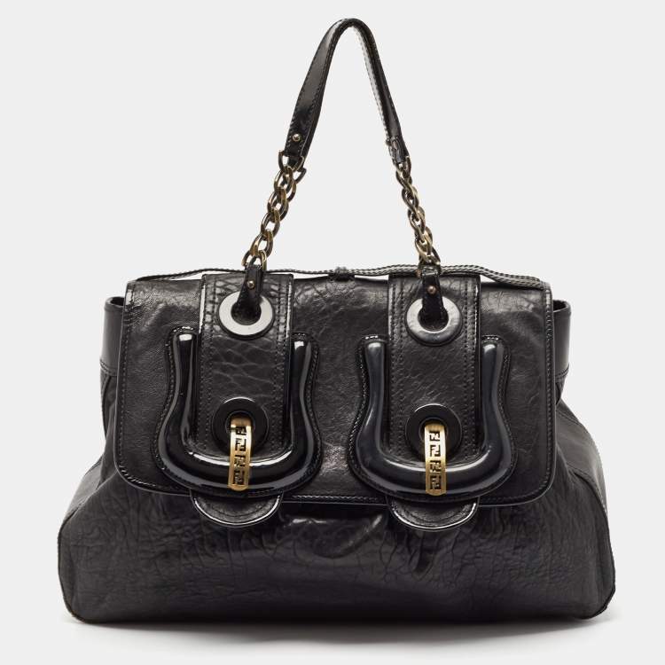 Pre Owned Fendi Black Pebbled Leather and Patent Leather Large B Shoulder Bag