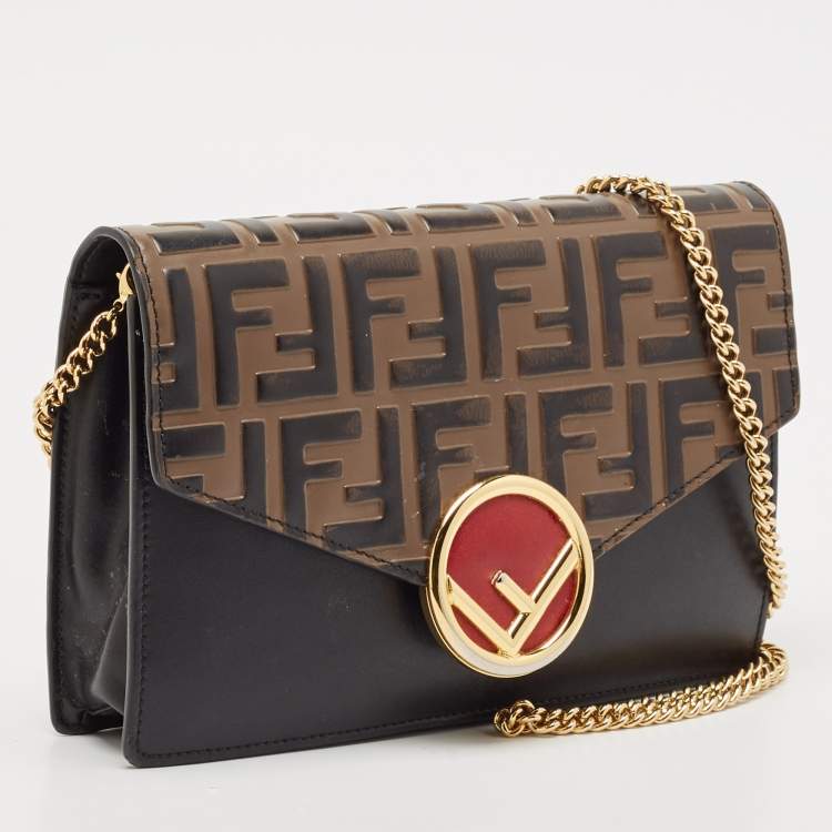 Pre Owned Fendi Brown/Black FF Leather F is Fendi Wallet On Chain