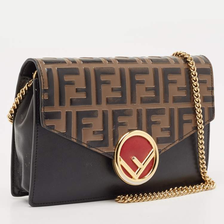 Pre Owned Fendi Brown/Black FF Leather F is Fendi Wallet On Chain