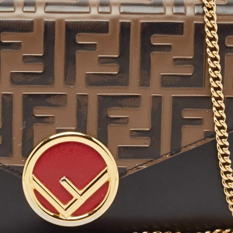 Pre Owned Fendi Brown/Black FF Leather F is Fendi Wallet On Chain