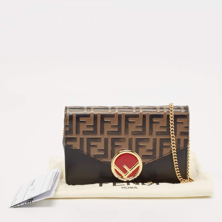 Pre Owned Fendi Brown/Black FF Leather F is Fendi Wallet On Chain
