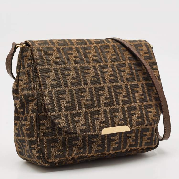 Pre Owned Fendi Tobacco Zucca Canvas Flap Crossbody Bag