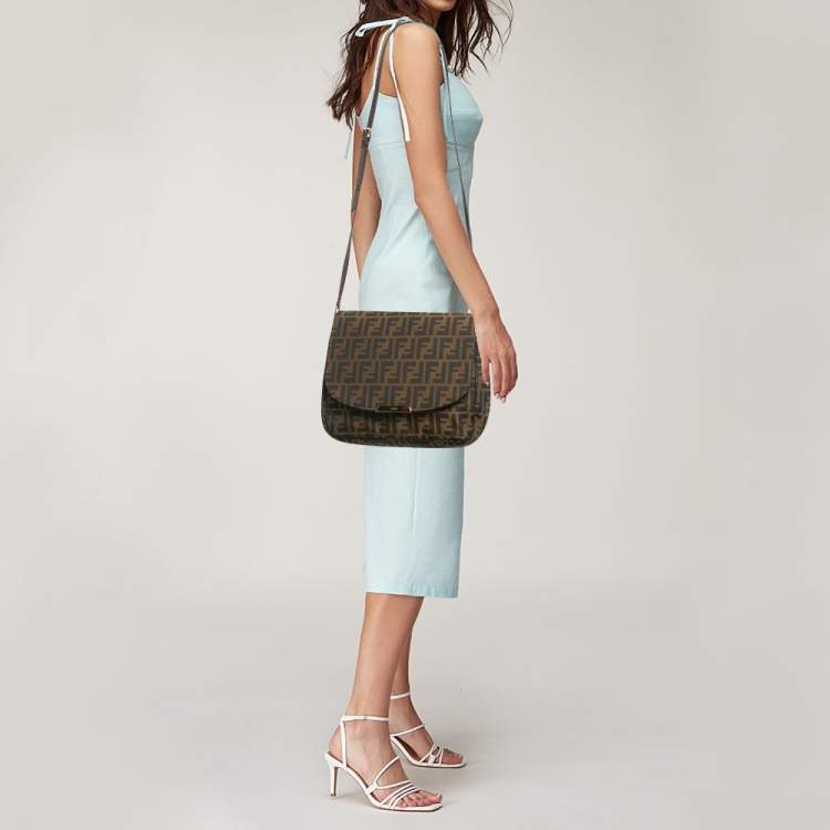 Pre Owned Fendi Tobacco Zucca Canvas Flap Crossbody Bag