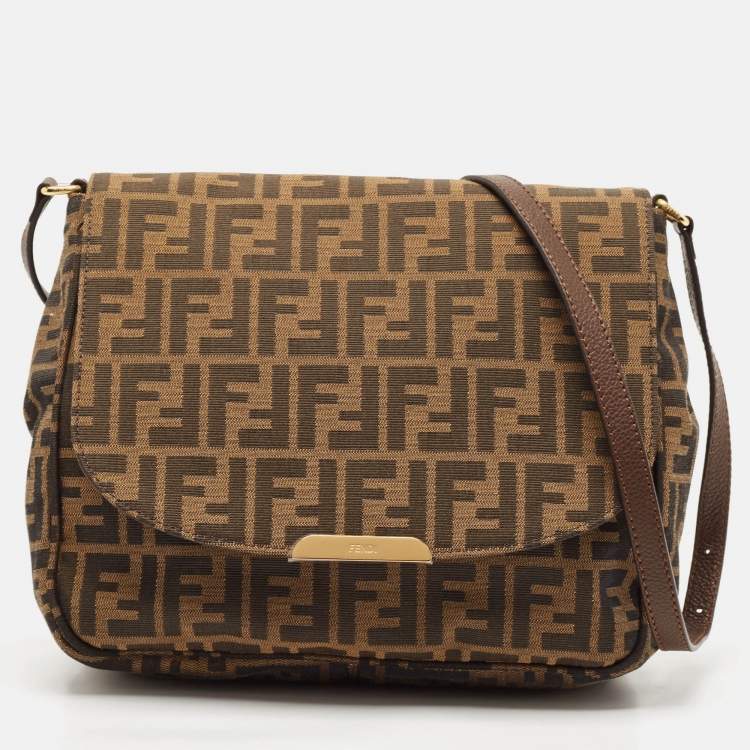 Pre Owned Fendi Tobacco Zucca Canvas Flap Crossbody Bag