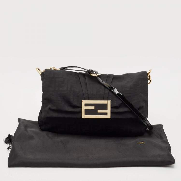 Pre Owned Fendi Black Zucca Canvas and Patent Leather Large Mia Flap Bag