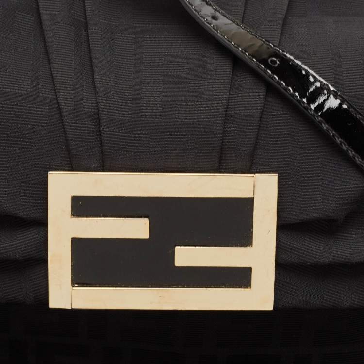 Pre Owned Fendi Black Zucca Canvas and Patent Leather Large Mia Flap Bag
