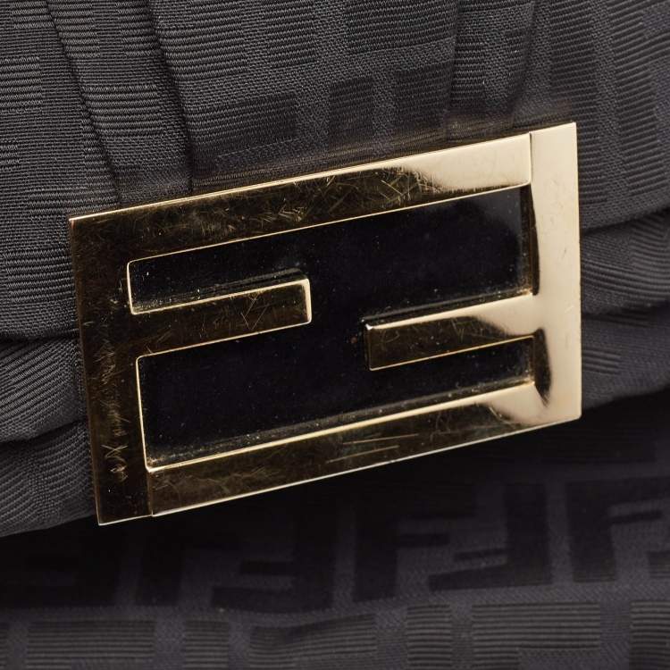Pre Owned Fendi Black Zucca Canvas and Patent Leather Large Mia Flap Bag