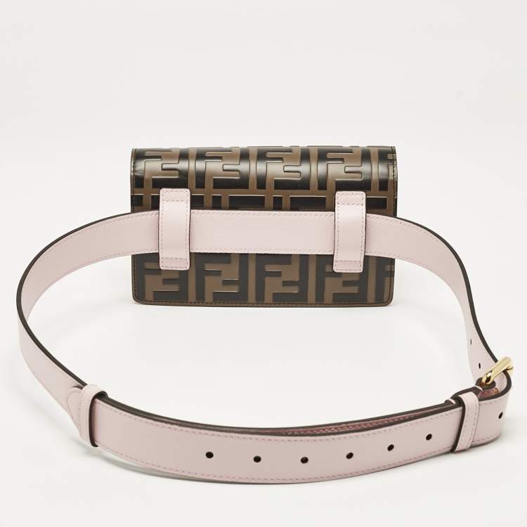 Pre Owned Fendi Light Pink/Tobacco Zucca Leather Kan I F Convertible Belt Bag