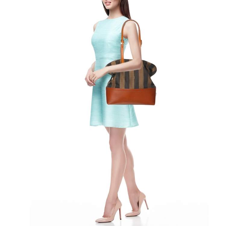 Pre Owned Fendi Pequin Tobacco Canvas and Leather 2Bag Satchel