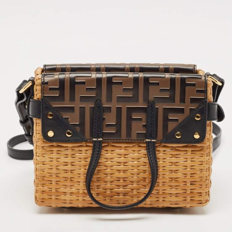Pre Owned Fendi Black/Brown Zucca Embossed Leather and Wicker Mini Flip Shoulder Bag