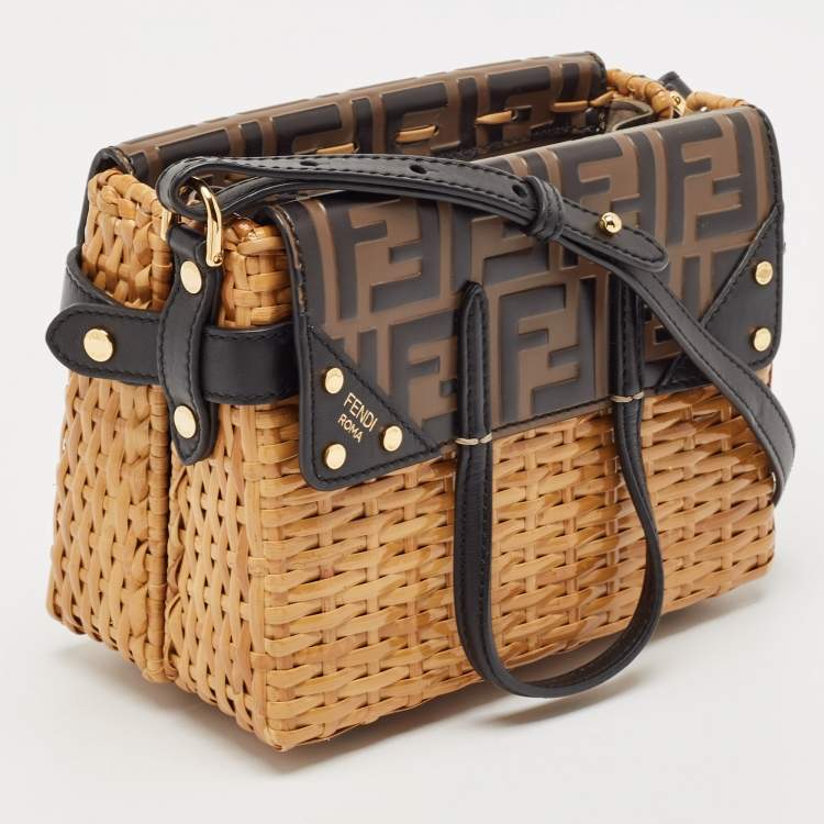 Pre Owned Fendi Black/Brown Zucca Embossed Leather and Wicker Mini Flip Shoulder Bag