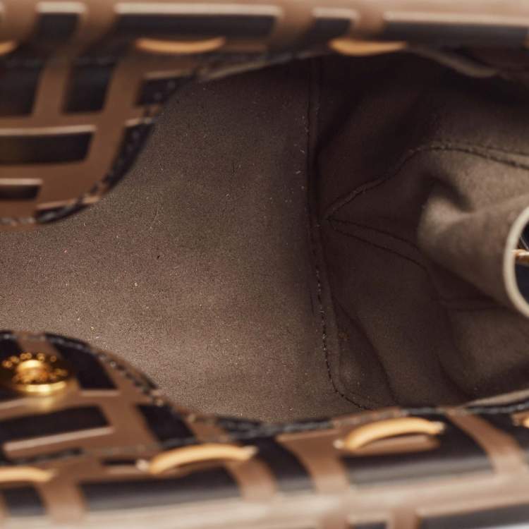 Pre Owned Fendi Black/Brown Zucca Embossed Leather and Wicker Mini Flip Shoulder Bag