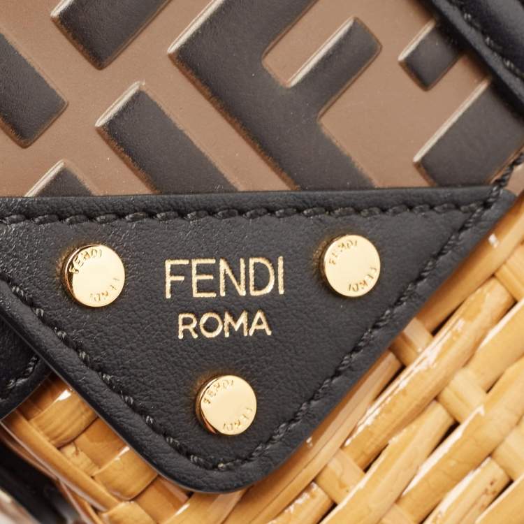Pre Owned Fendi Black/Brown Zucca Embossed Leather and Wicker Mini Flip Shoulder Bag