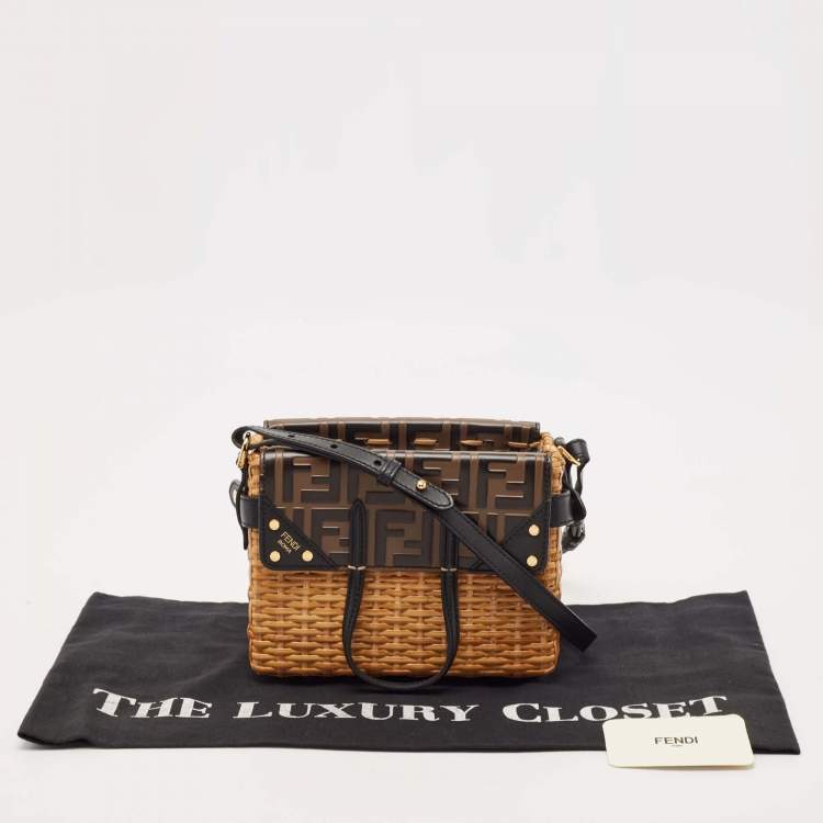 Pre Owned Fendi Black/Brown Zucca Embossed Leather and Wicker Mini Flip Shoulder Bag