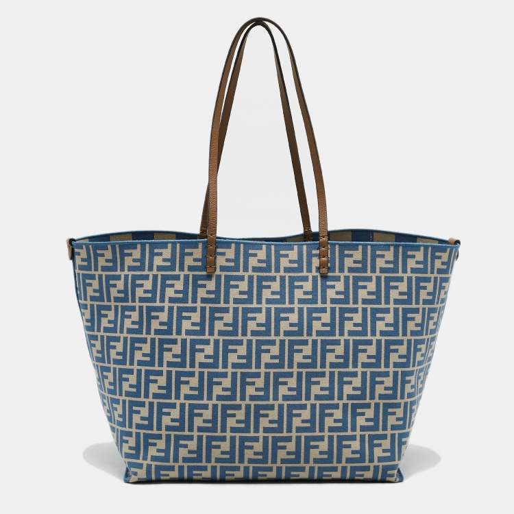 Pre Owned Fendi Blue/Beige FF Pequin Fabric Large Roll Shopper Tote