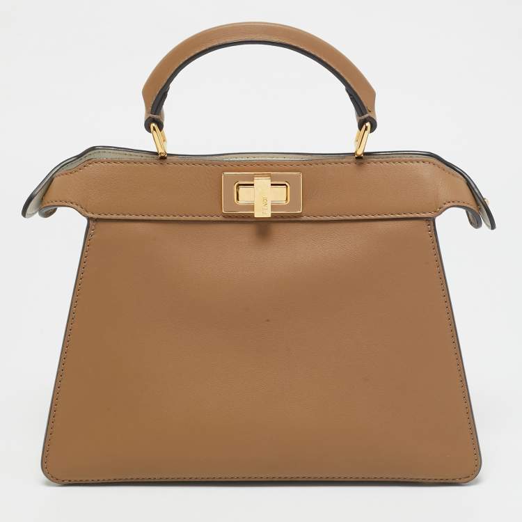 Pre Owned Fendi White/Brown Leather Small Peekaboo ISeeU Top Handle Bag