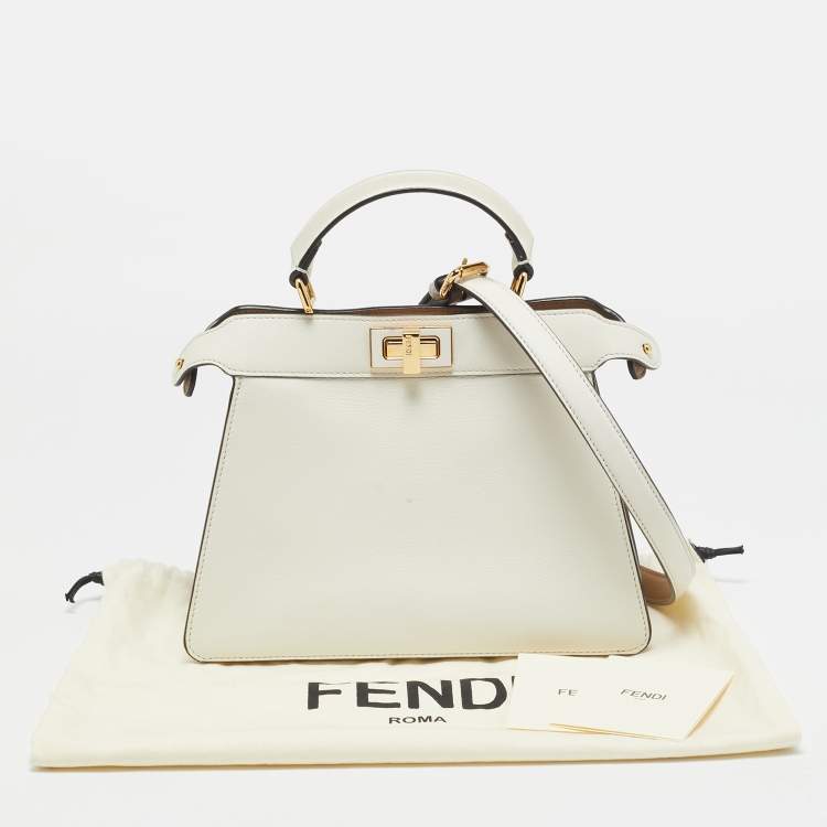 Pre Owned Fendi White/Brown Leather Small Peekaboo ISeeU Top Handle Bag