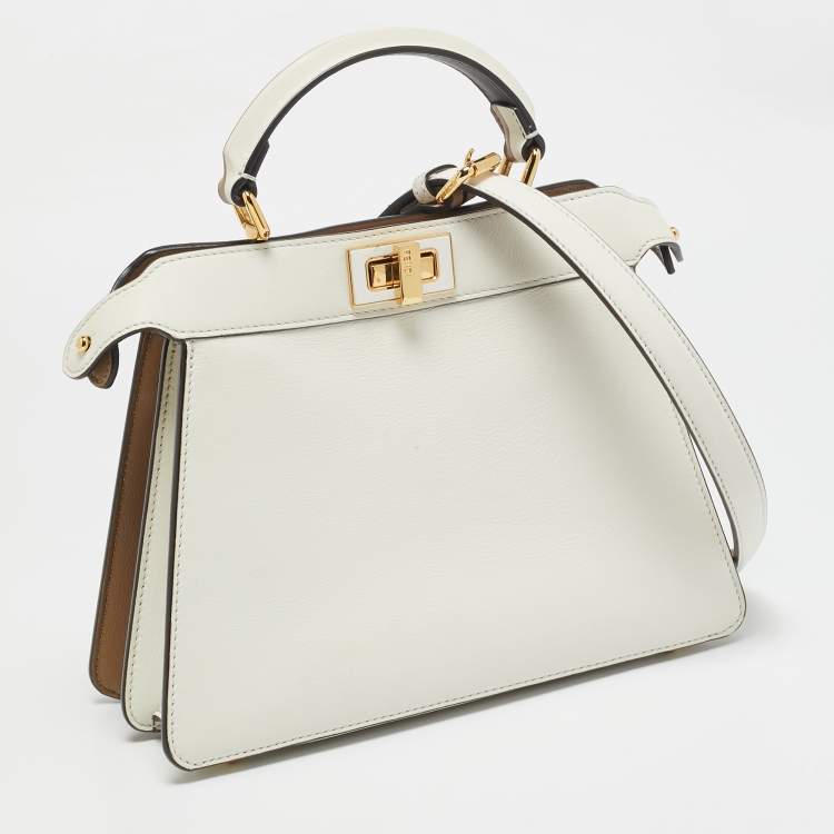 Pre Owned Fendi White/Brown Leather Small Peekaboo ISeeU Top Handle Bag