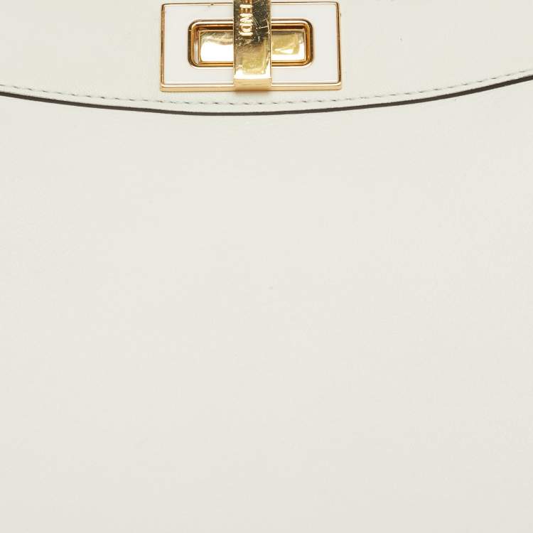 Pre Owned Fendi White/Brown Leather Small Peekaboo ISeeU Top Handle Bag