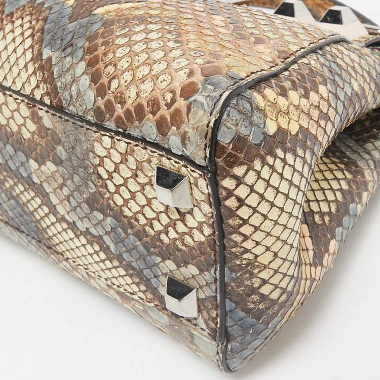 Pre Owned Fendi Beige/Multicolor Python Mini Studded Peekaboo Top Handle Bag