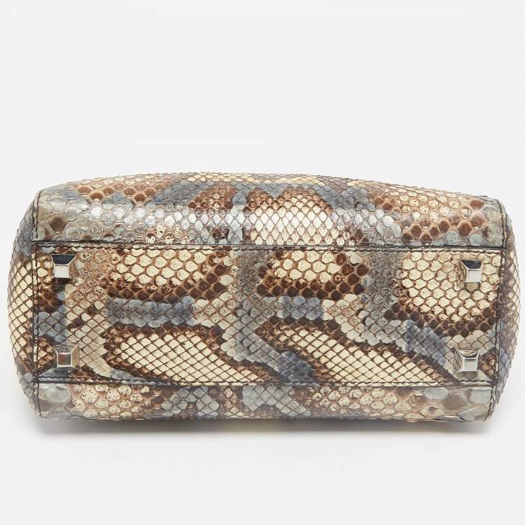 Pre Owned Fendi Beige/Multicolor Python Mini Studded Peekaboo Top Handle Bag