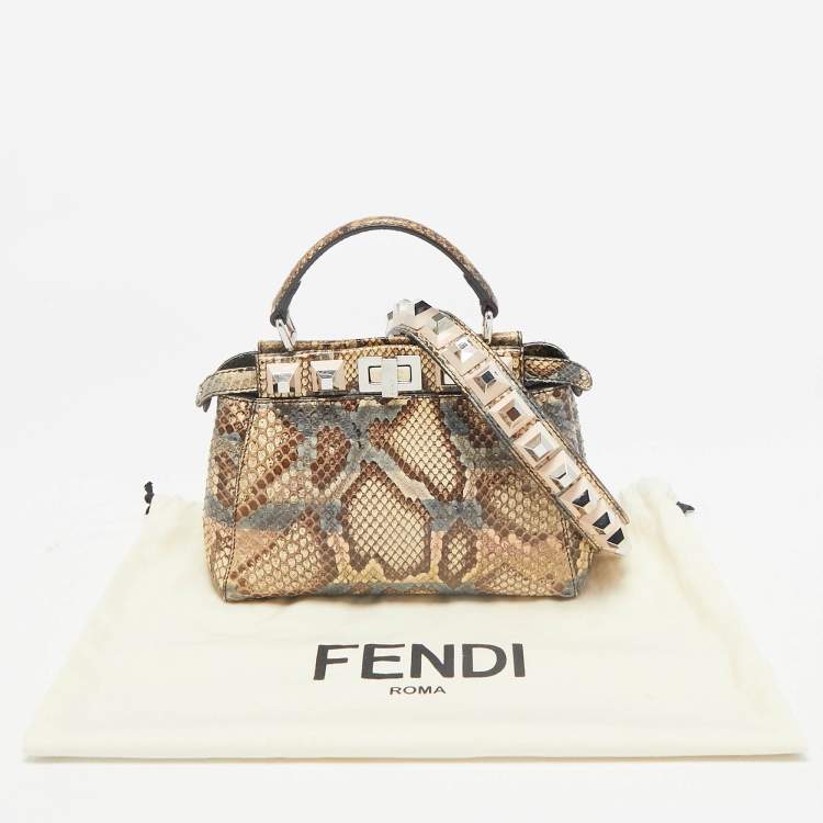 Pre Owned Fendi Beige/Multicolor Python Mini Studded Peekaboo Top Handle Bag