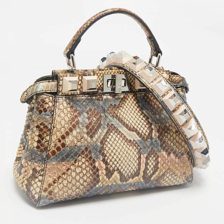 Pre Owned Fendi Beige/Multicolor Python Mini Studded Peekaboo Top Handle Bag