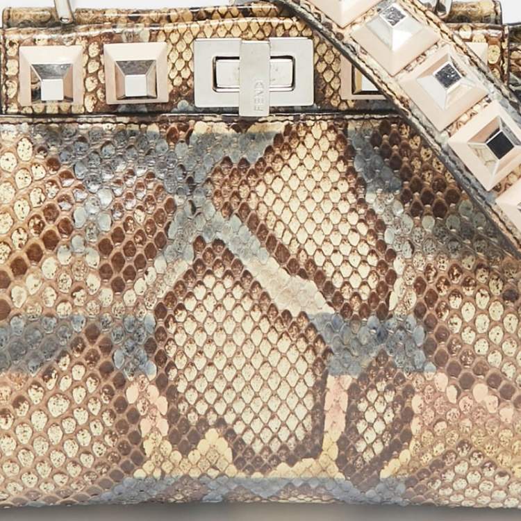 Pre Owned Fendi Beige/Multicolor Python Mini Studded Peekaboo Top Handle Bag