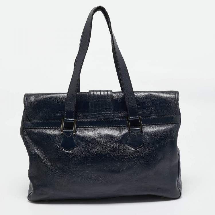 Pre Owned Fendi Navy Blue Glossy Leather FF Flap Tote