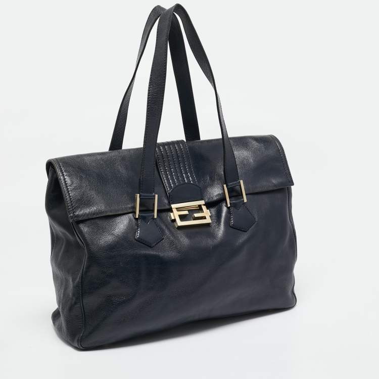 Pre Owned Fendi Navy Blue Glossy Leather FF Flap Tote