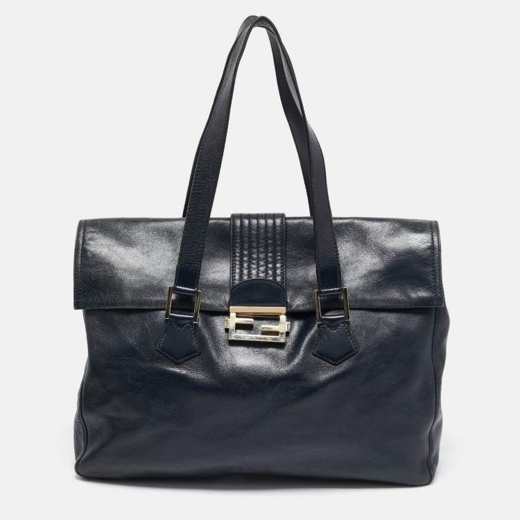 Pre Owned Fendi Navy Blue Glossy Leather FF Flap Tote