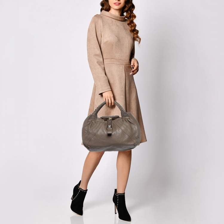 Pre Owned Fendi Grey Textured Leather Spy Hobo