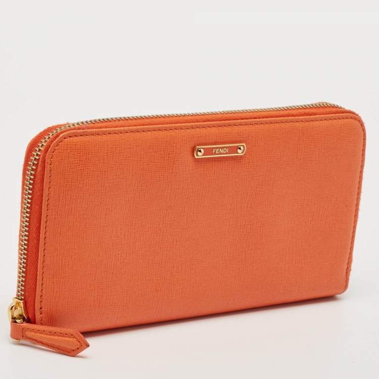 Pre Owned Fendi Orange Leather Zip Continental Wallet