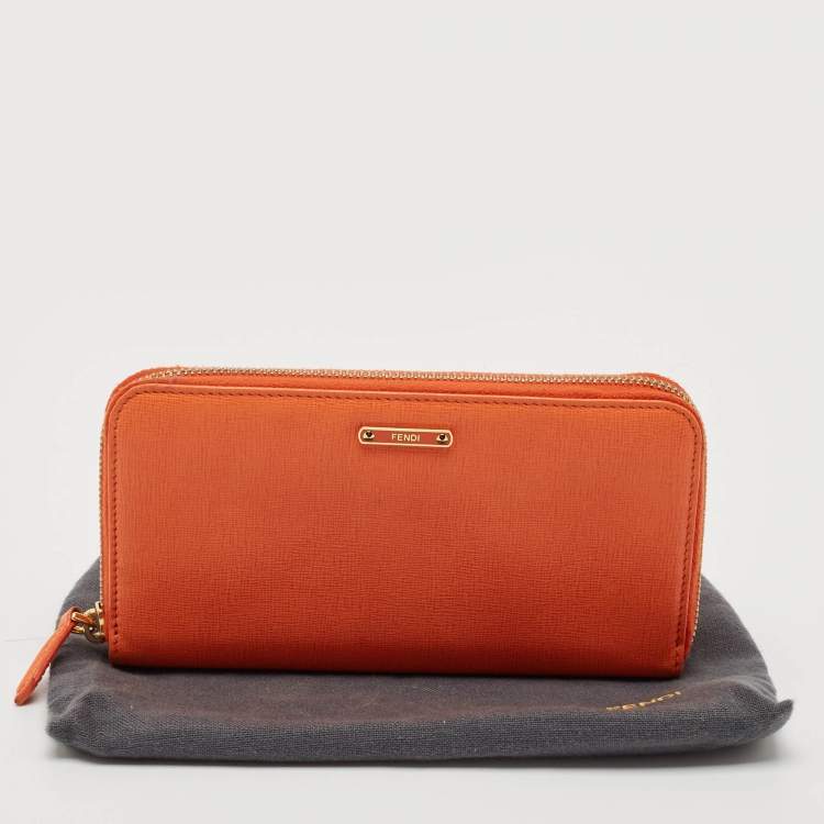 Pre Owned Fendi Orange Leather Zip Continental Wallet
