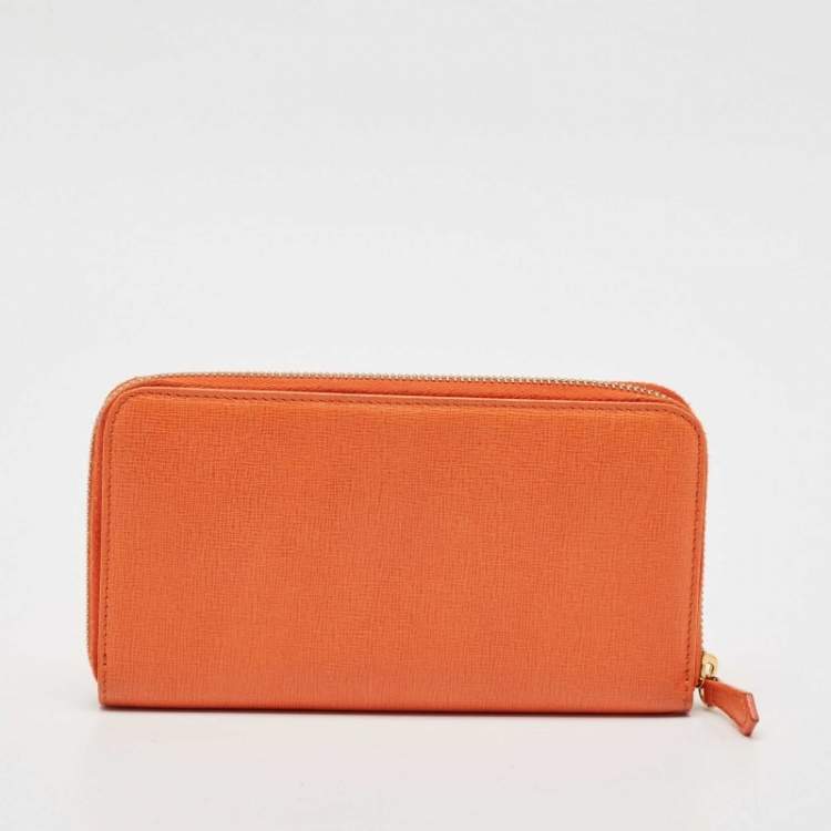 Pre Owned Fendi Orange Leather Zip Continental Wallet