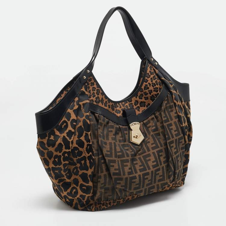 Pre Owned Fendi Brown/Black Zucca and Leopard Print Canvas Large Chef Tote