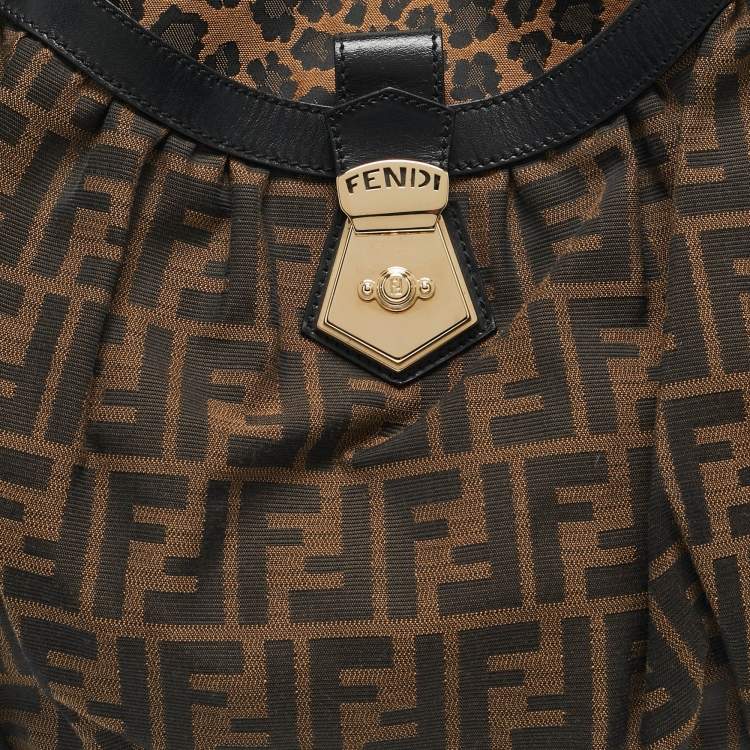 Pre Owned Fendi Brown/Black Zucca and Leopard Print Canvas Large Chef Tote