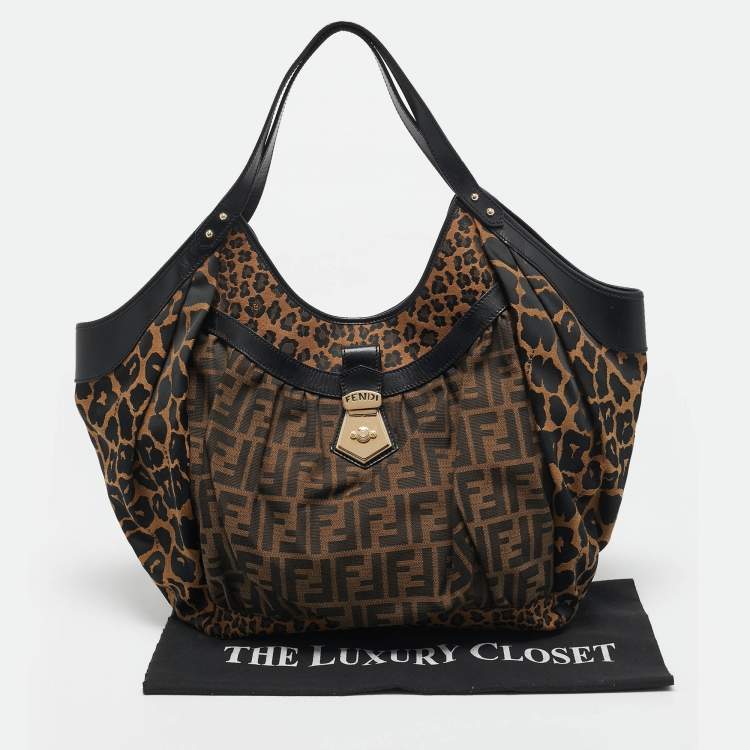 Pre Owned Fendi Brown/Black Zucca and Leopard Print Canvas Large Chef Tote