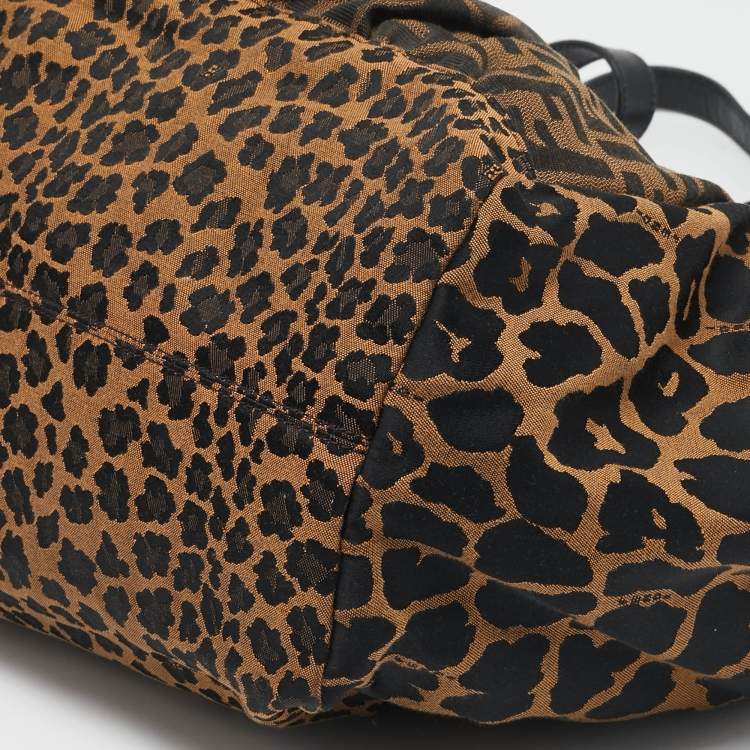 Pre Owned Fendi Brown/Black Zucca and Leopard Print Canvas Large Chef Tote