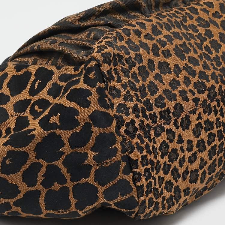 Pre Owned Fendi Brown/Black Zucca and Leopard Print Canvas Large Chef Tote